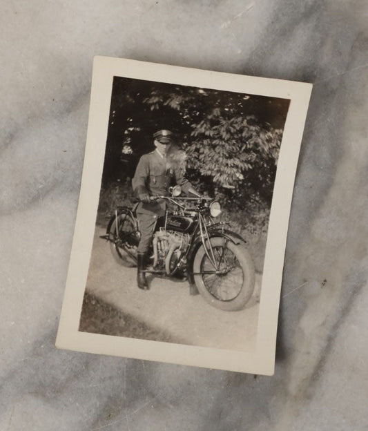 Lot 049 - Single Vintage Snapshot Photograph Of A Motorcycle Mounted Police Officer Riding An Indian Motorcycle, In Uniform