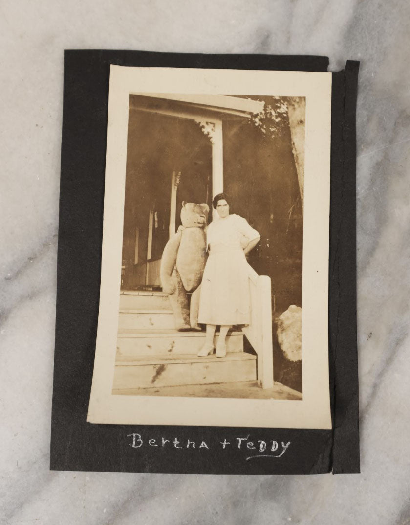 Lot 050 - Single Antique Snapshot Photo Of Bertha And Teddy, Woman With Giant Teddy Bear, Other Photos On Reverse