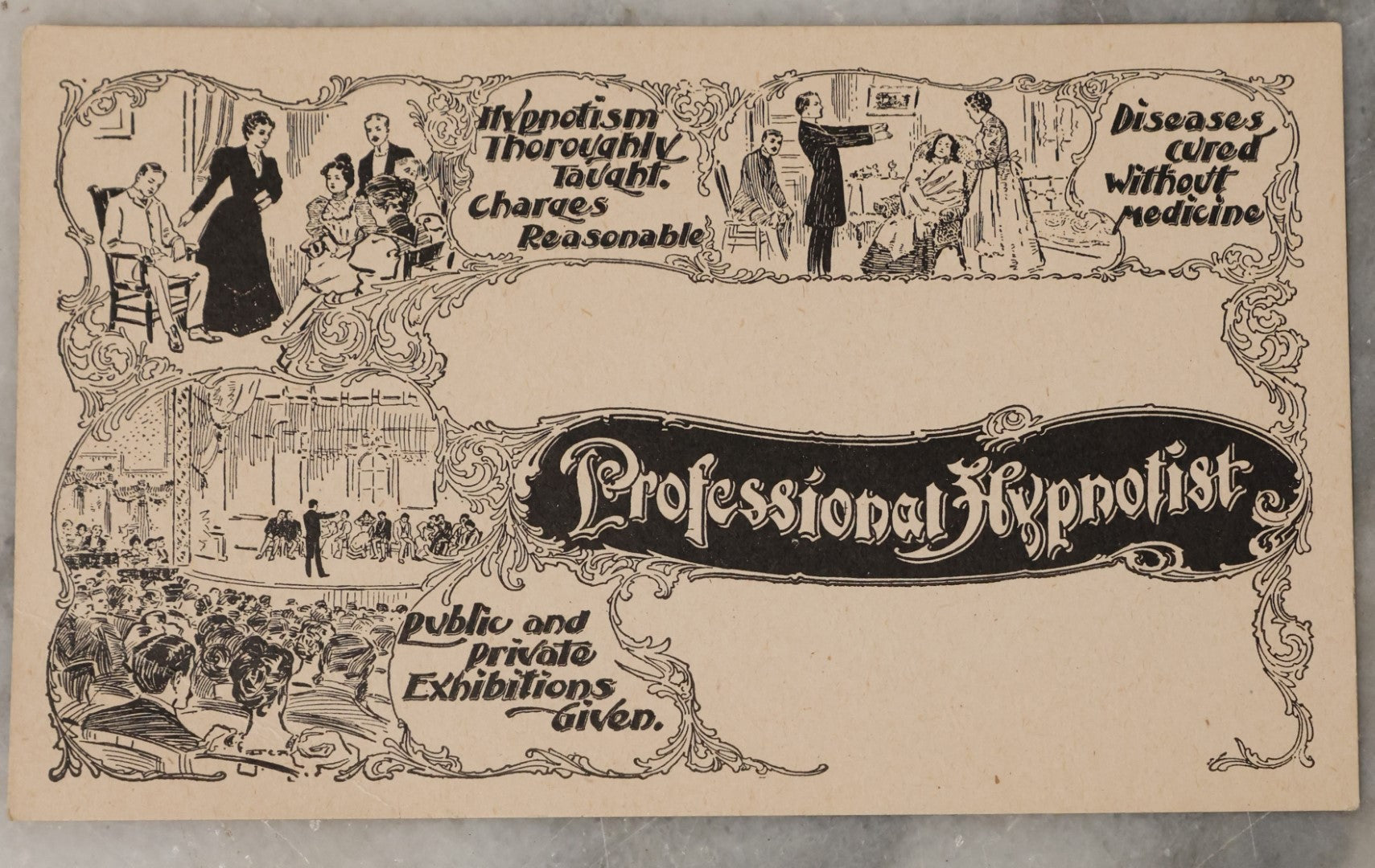 Lot 051 - Grouping Of Eight Blank Vintage Advertisement Cards For A Professional Hypnotist, Advertising Diseases Cured Without Medicine, Public And Private Exhibitions