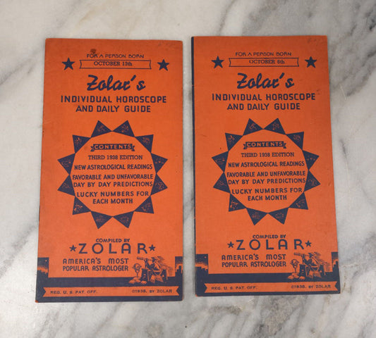 Lot 052 - Pair Of Vintage Pamphlets, Zolar's Horoscope And Daily Guide, For October 6th And 13th, 1938, America's Most Popular Astrologer