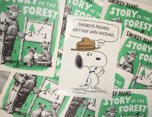 Lot 056 - Grouping Of 5+ Vintage Smokey Bear's Story Of The Forest Coloring Books, 1970s, And Related Snoopy Poster