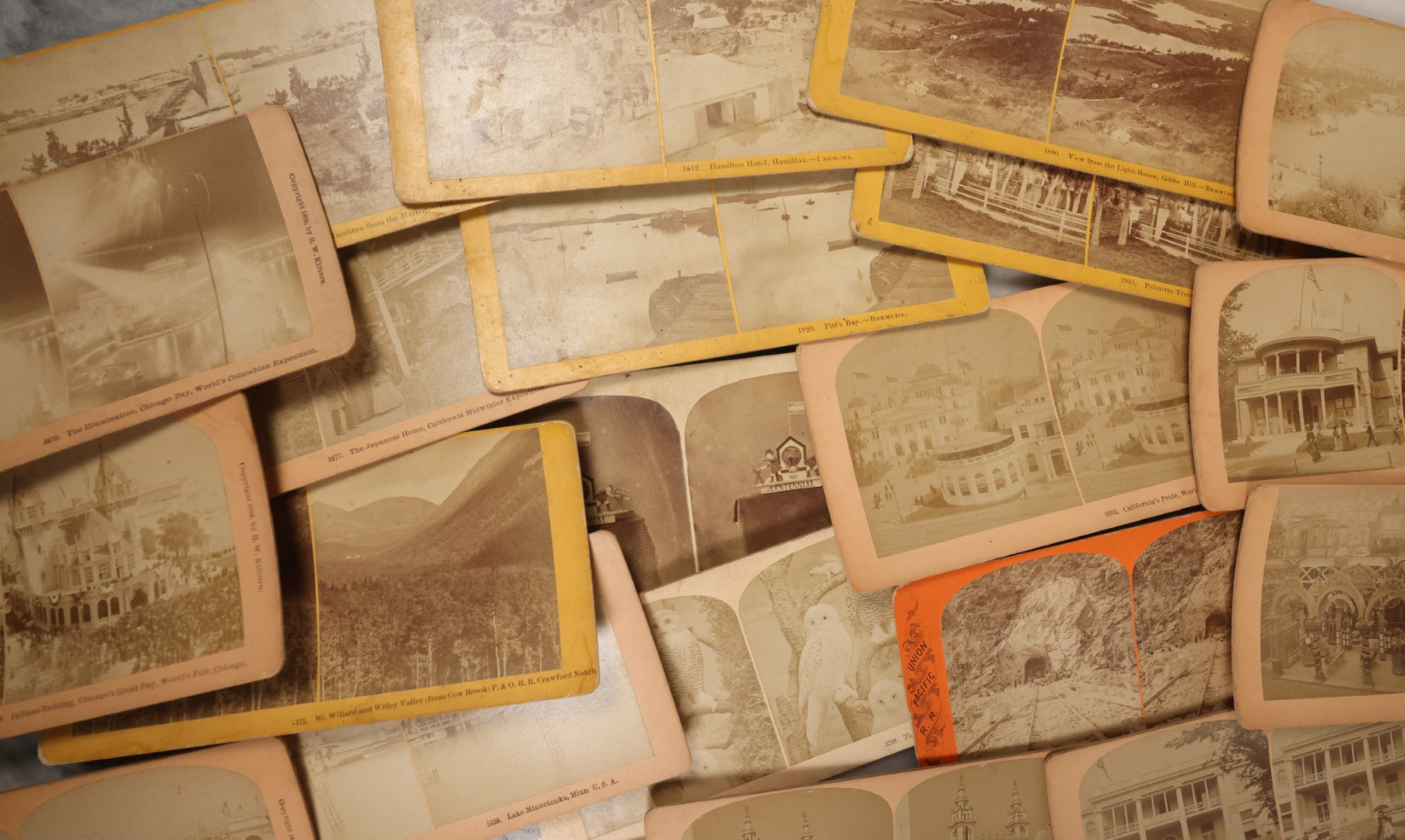 Lot 059 - Grouping Of 20+ Antique Stereo Optic 3D Stereo Cards, Mostly Featuring Views Of The 1893 Chicago Columbian Exposition, Plus Union Pacific Railroad, Grammar School Class, Snowy Owl, And More