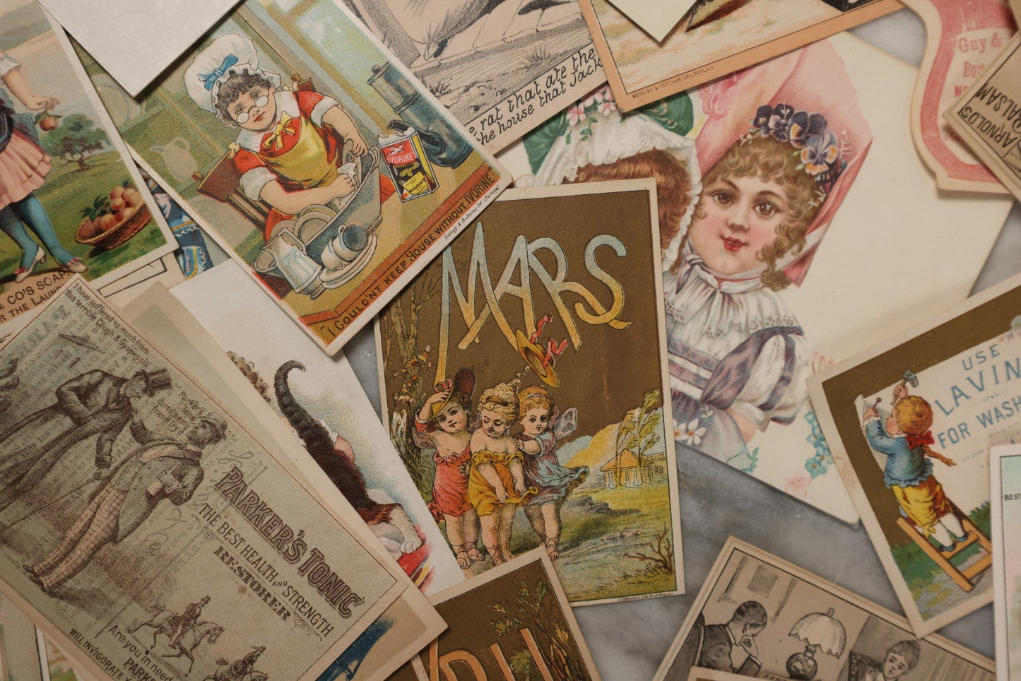 Lot 062 - Grouping Of 45+ Antique Trade Card Advertisements, Including Vegetine Blood Purifier, Mars, And More