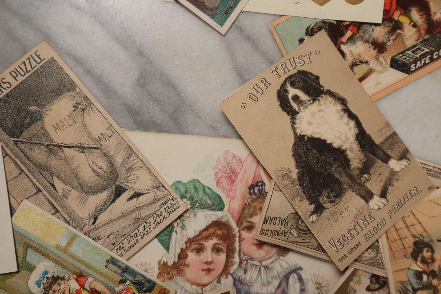 Lot 062 - Grouping Of 45+ Antique Trade Card Advertisements, Including Vegetine Blood Purifier, Mars, And More