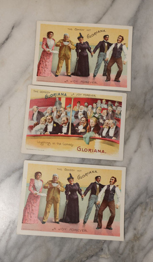 Lot 063 - Grouping Of Three Trade Card Advertisements For The Comedy Hit Gloriana, "A Joy Forever"