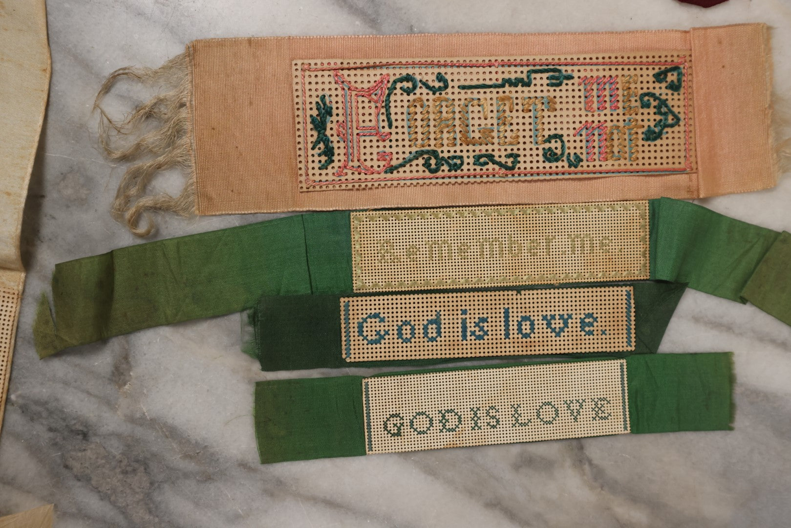 Lot 064 - Grouping Of 10+ Antique Punchwork Punched Paper Embroidered Bookmarks And More, Including Remember Me, God Is Love, Forget Me Not, And More