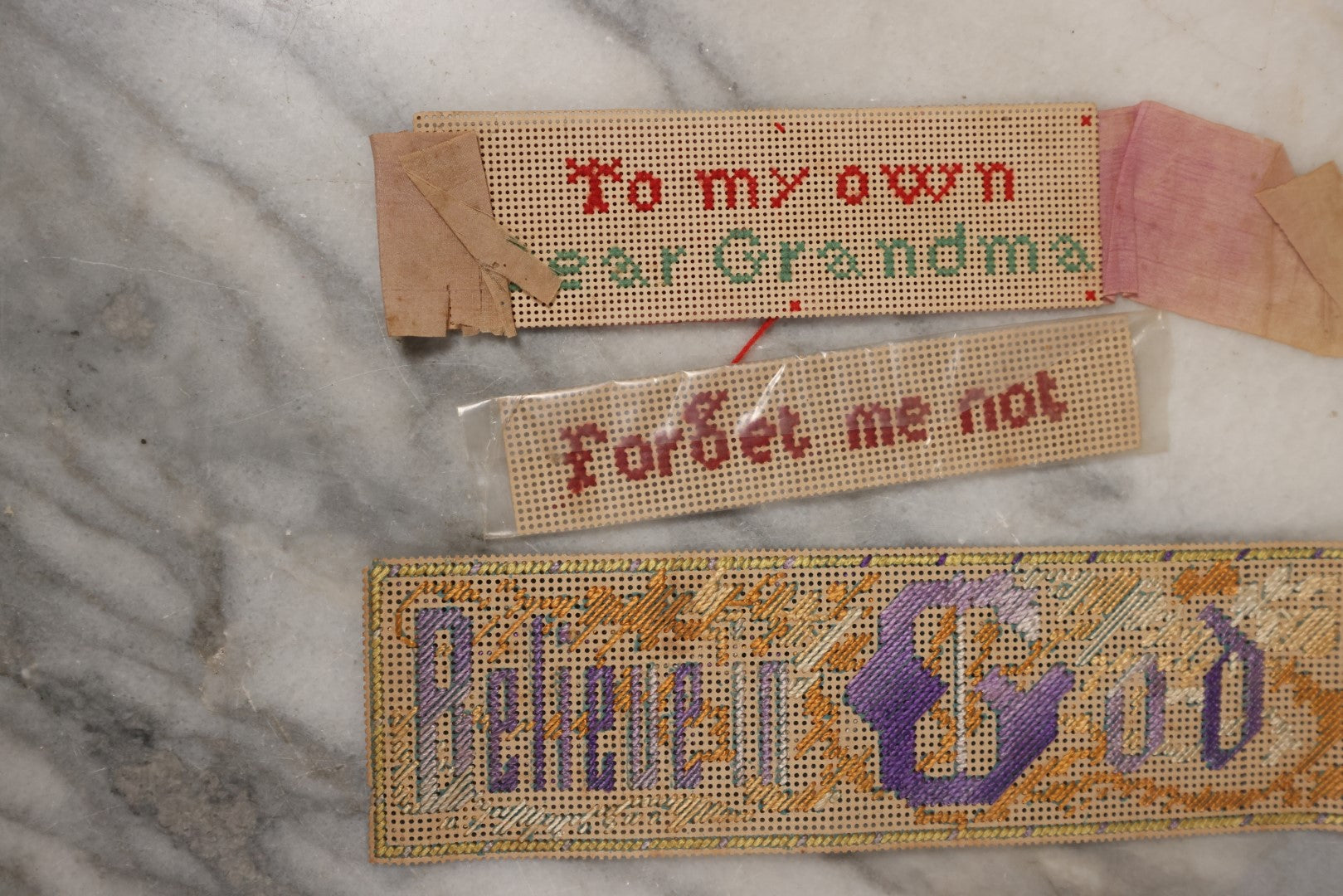 Lot 064 - Grouping Of 10+ Antique Punchwork Punched Paper Embroidered Bookmarks And More, Including Remember Me, God Is Love, Forget Me Not, And More