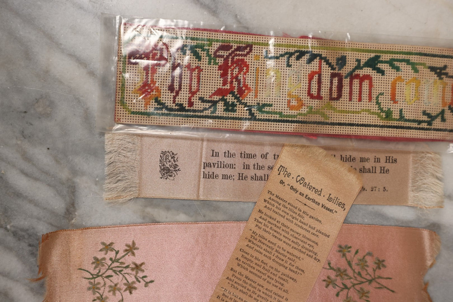 Lot 064 - Grouping Of 10+ Antique Punchwork Punched Paper Embroidered Bookmarks And More, Including Remember Me, God Is Love, Forget Me Not, And More