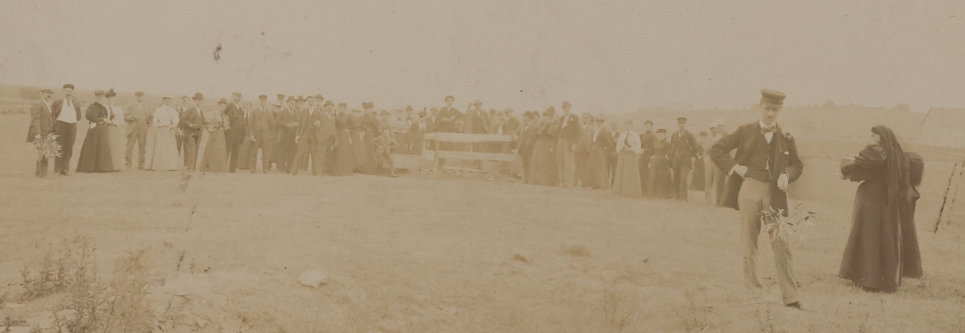 Lot 065 - Unusual Antique Boarded Photograph Of Some Kind Of Outdoor Gathering Or Ceremony, Possible Burial, Note Woman Dressed All In Black Mourning Attire