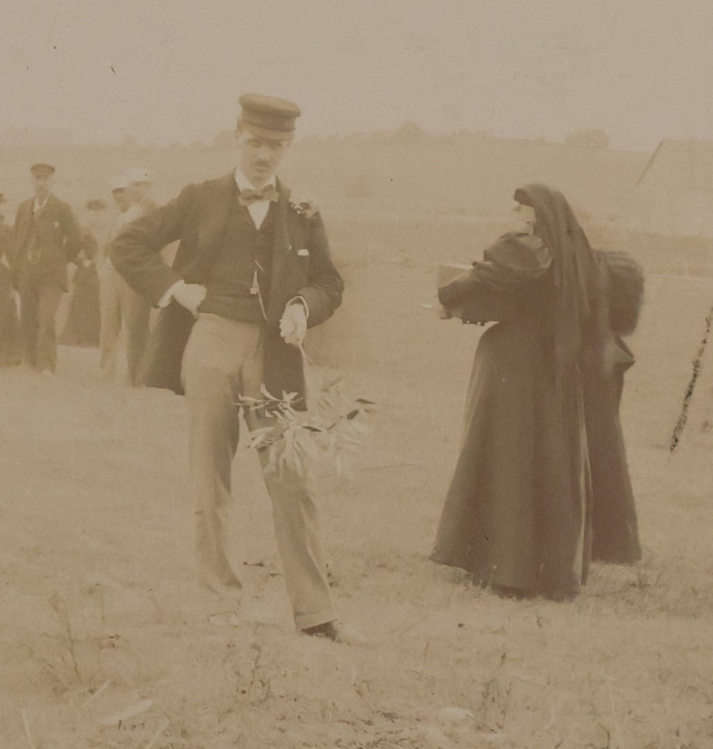 Lot 065 - Unusual Antique Boarded Photograph Of Some Kind Of Outdoor Gathering Or Ceremony, Possible Burial, Note Woman Dressed All In Black Mourning Attire