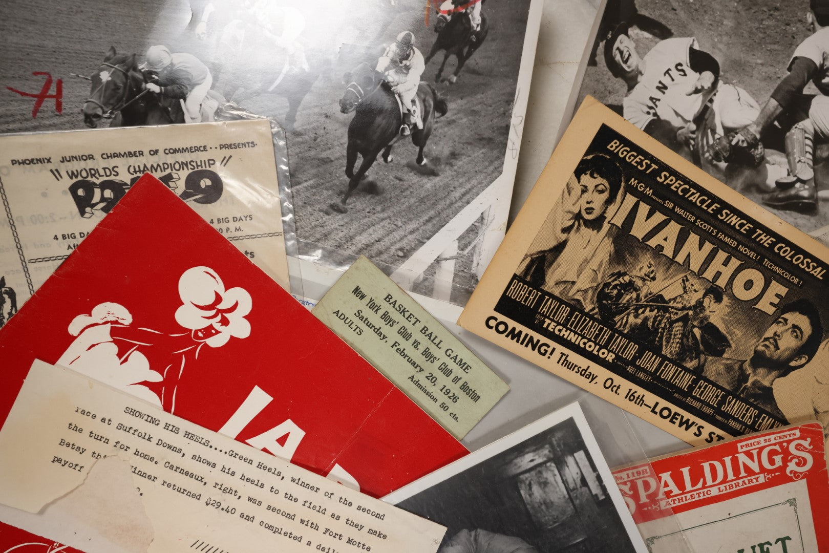 Lot 067 - Grouping Of 10+ Miscellaneous Pieces Of Entertainment Related Ephemera Including Ivanhoe Lobby Card, Horse Racing Photos, Rodeo Brochure,  Spalding's Croquet, And More