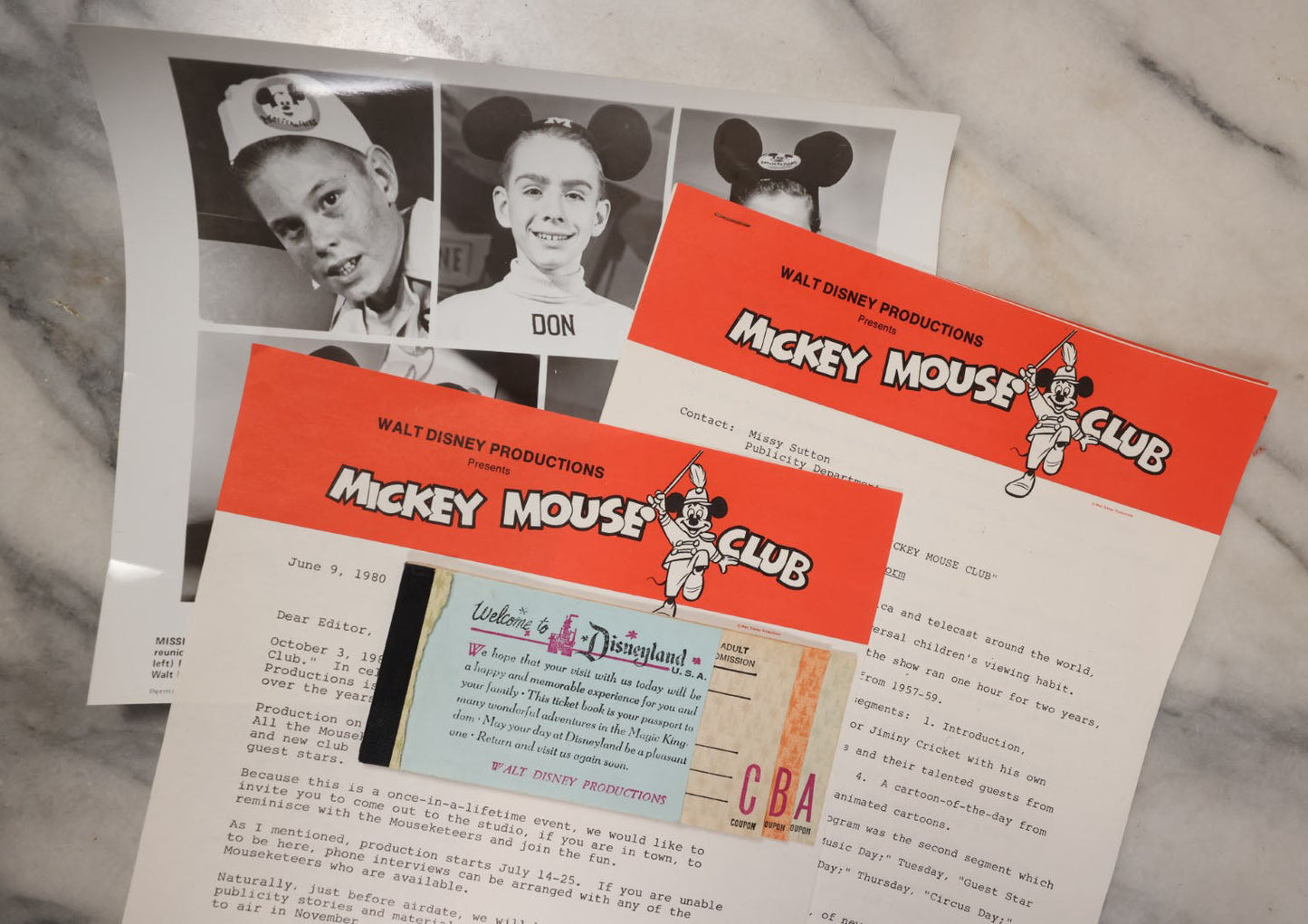 Lot 068 - Grouping Of Miscellaneous Walt Disney Ephemera Including 1980s Mickey Mouse Club Documents And Vintage Tickets To Disneyland Theme Park