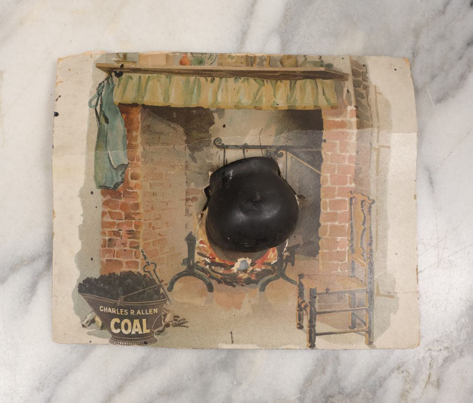 Lot 074 - Antique Lithographed Advertisement With 3D Element, Charles R. Allen Coal, With Attached Cauldron Over Fireplace