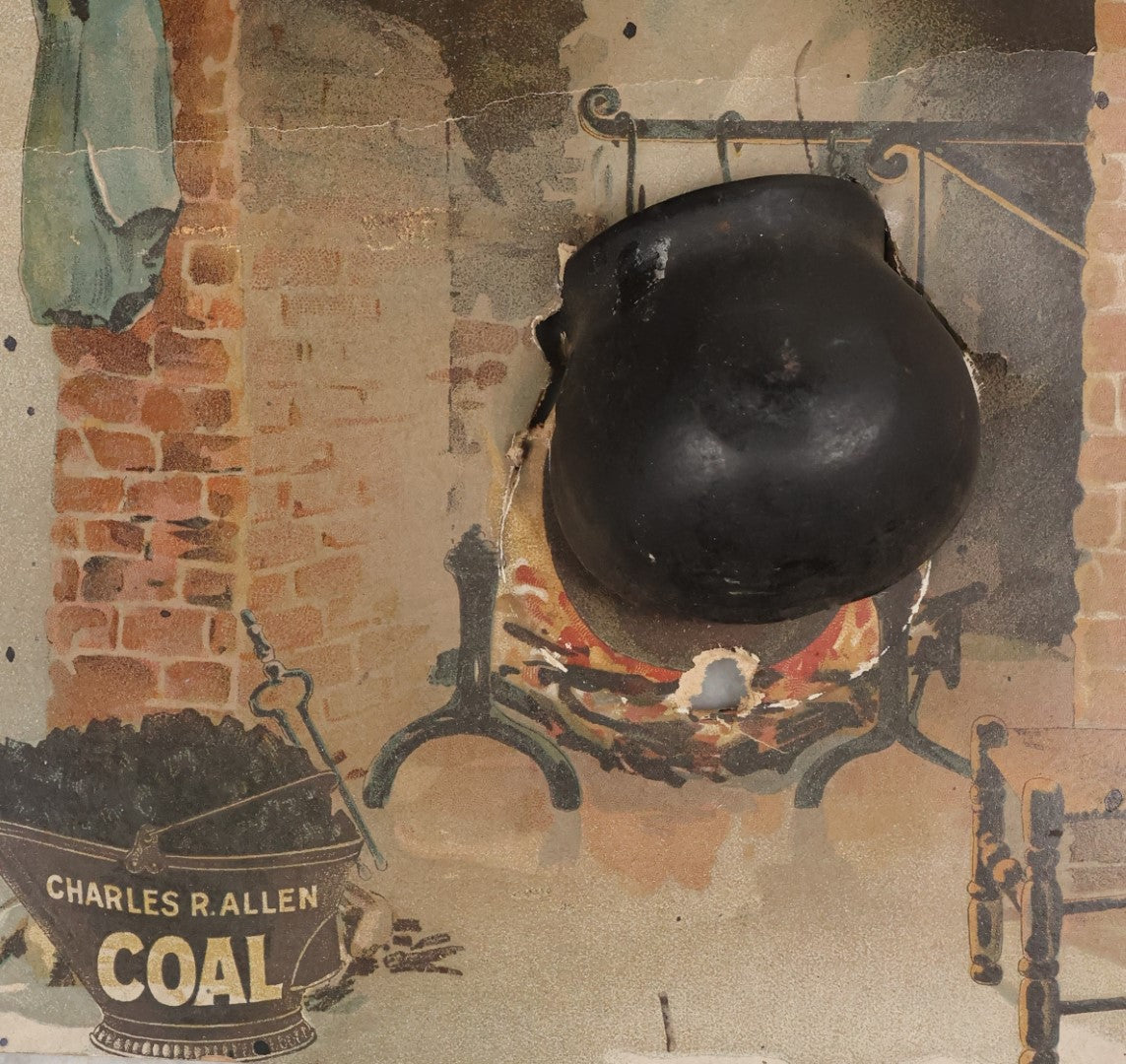 Lot 074 - Antique Lithographed Advertisement With 3D Element, Charles R. Allen Coal, With Attached Cauldron Over Fireplace