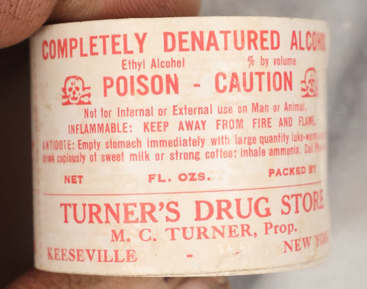 Lot 076 - Roll Of New Old Stock N.O.S. Apothecary Pharmacy Poison Labels, Completely Denatured Alcohol, From Turner's Drug Store, Keeseville, New York, With Skull And Crossbones