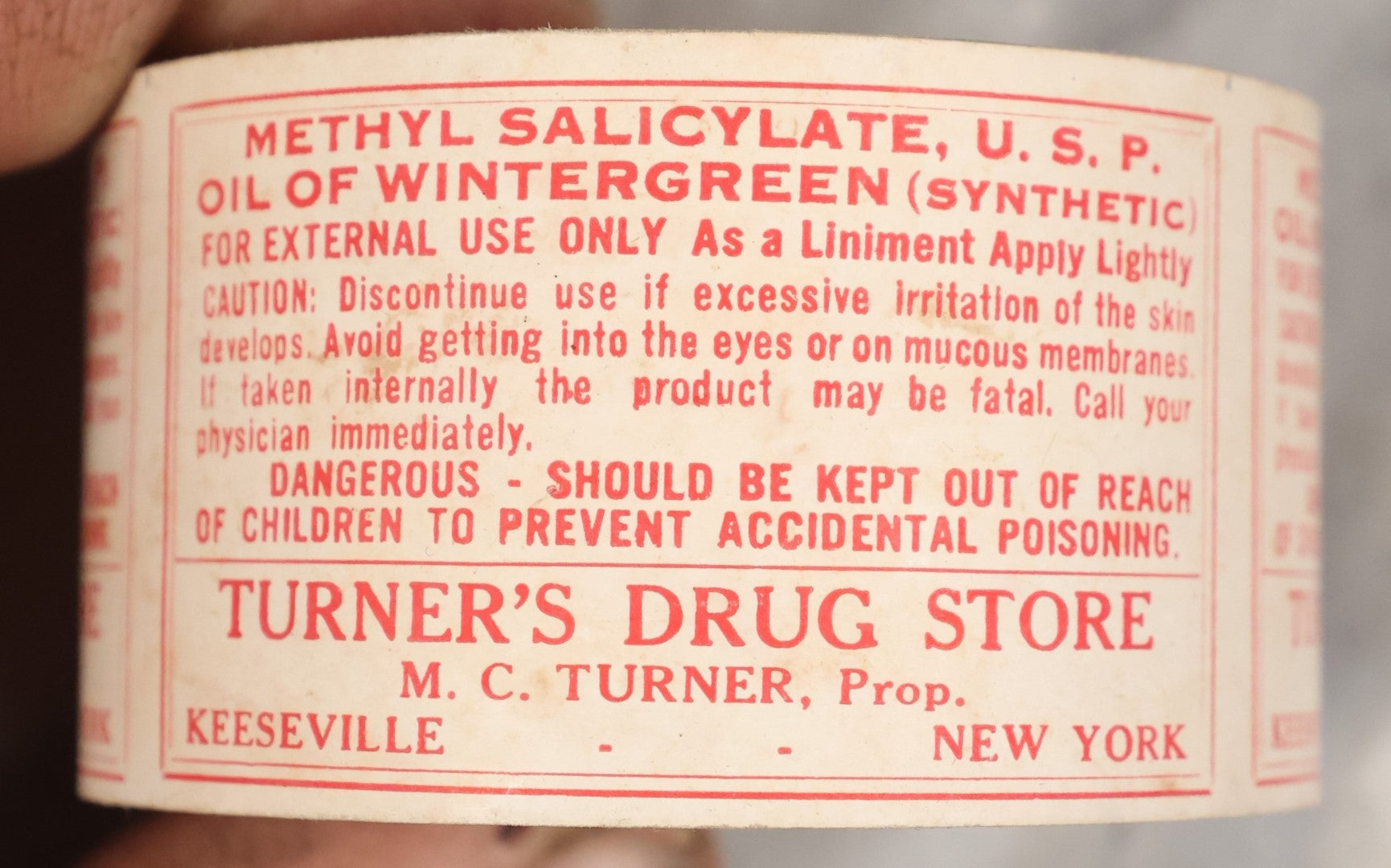 Lot 077 - Roll Of New Old Stock N.O.S. Apothecary Pharmacy Labels, Methyl Salicylate, Oil Of Wintergreen, From Turner's Drug Store, Keeseville, New York