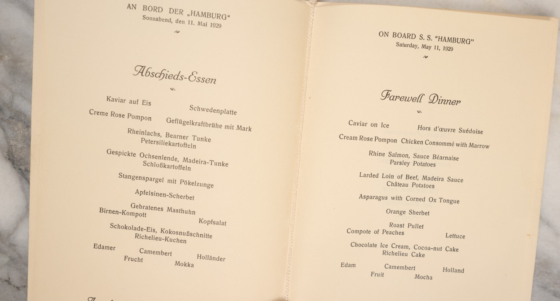 Lot 079 - Grouping Of Three Vintage Ocean Liner Ship Farewell Dinner Menus, Including Hamburg Amerika Line, S.S. Hamburg 1929, M.S. Milwaukee 1929, And White Star Line R.M.S. Queen Elizabeth 1954