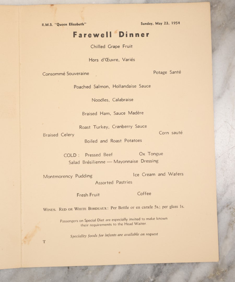 Lot 079 - Grouping Of Three Vintage Ocean Liner Ship Farewell Dinner Menus, Including Hamburg Amerika Line, S.S. Hamburg 1929, M.S. Milwaukee 1929, And White Star Line R.M.S. Queen Elizabeth 1954