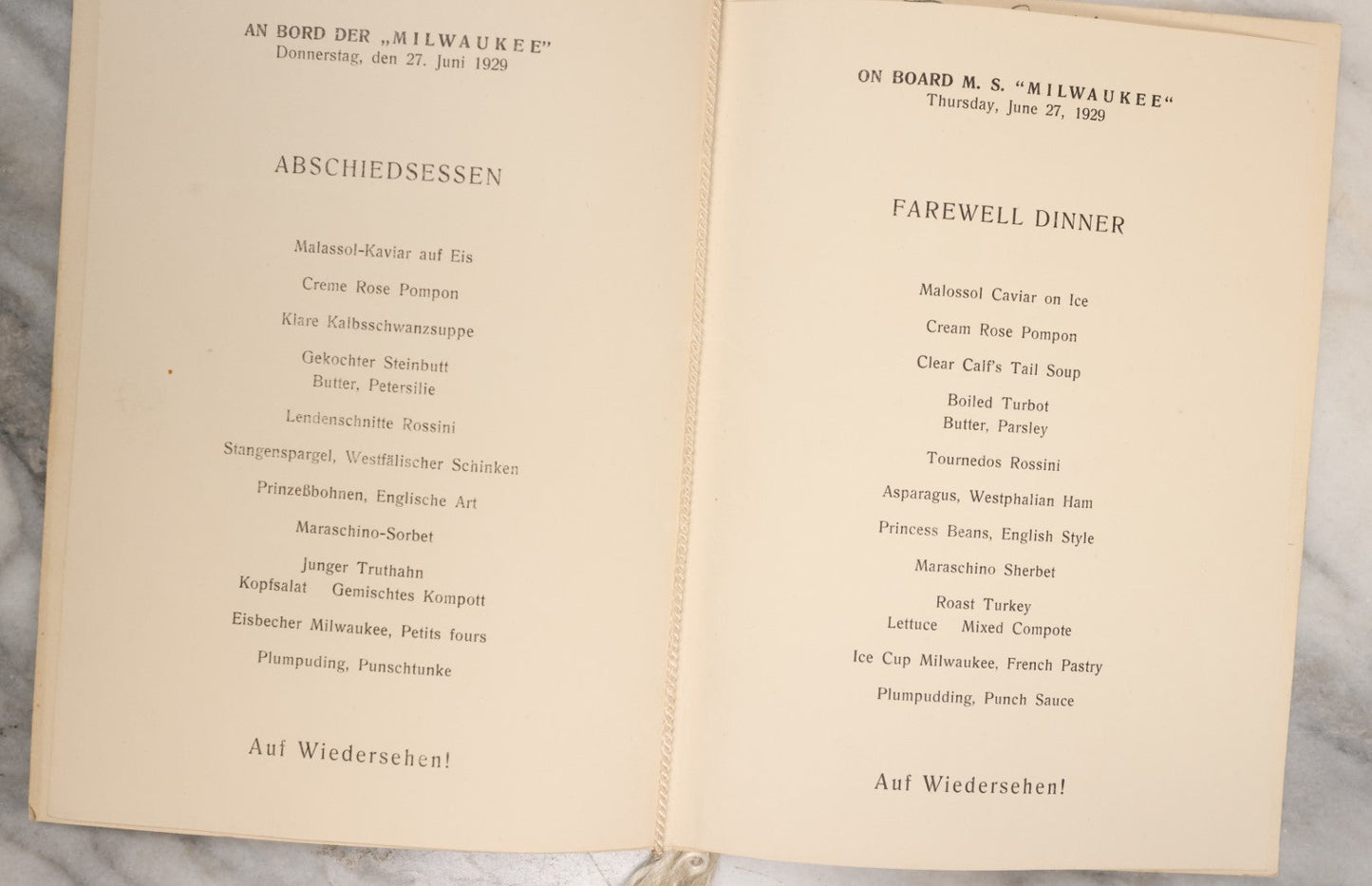 Lot 079 - Grouping Of Three Vintage Ocean Liner Ship Farewell Dinner Menus, Including Hamburg Amerika Line, S.S. Hamburg 1929, M.S. Milwaukee 1929, And White Star Line R.M.S. Queen Elizabeth 1954