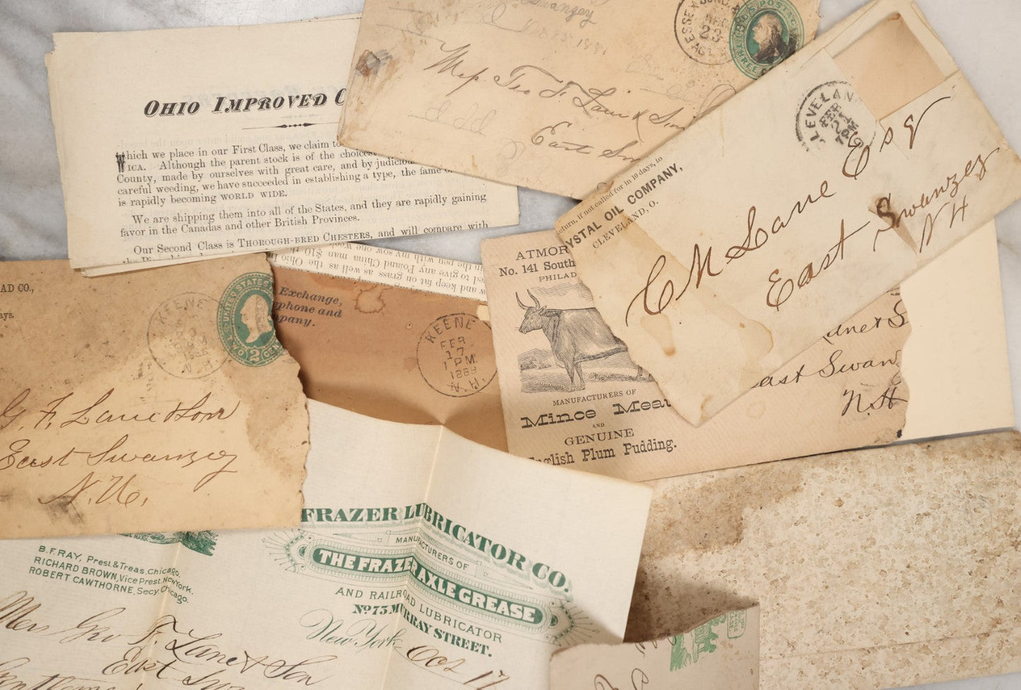 Lot 080 - Grouping Of Miscellaneous Antique Correspondence, Billheads, Letters, And More, Including Frazer Lubricator Company, Atmore And Son, Manufacturers Of Mince Meat And Plum Pudding, Ashuelot Rail Road Company, Etc.