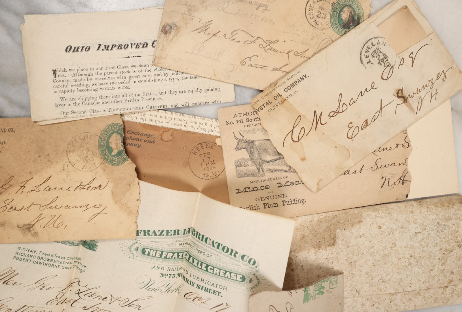 Lot 080 - Grouping Of Miscellaneous Antique Correspondence, Billheads, Letters, And More, Including Frazer Lubricator Company, Atmore And Son, Manufacturers Of Mince Meat And Plum Pudding, Ashuelot Rail Road Company, Etc.