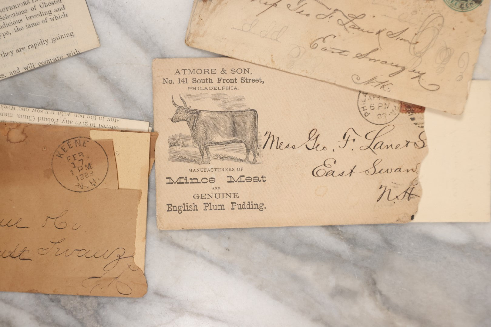 Lot 080 - Grouping Of Miscellaneous Antique Correspondence, Billheads, Letters, And More, Including Frazer Lubricator Company, Atmore And Son, Manufacturers Of Mince Meat And Plum Pudding, Ashuelot Rail Road Company, Etc.