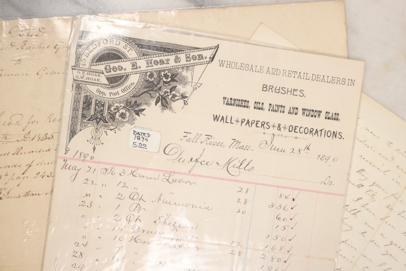 Lot 081 - Grouping Of Miscellaneous Antique Correspondence, Billheads, Letters, And More, Including James Westgate, Blacksmith And Jobber, Isaac D. Norton, Dealer In Coal, George H. Hoar & Son Brushes, Varnishes, Paints, Wall Paper, Etc.