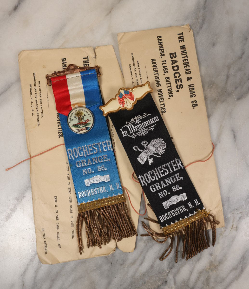 Lot 082 - Pair Of Antique Rochester Grange Lodge No. 86, Rochester, New Hampshire Ribbons, By The Whitehead & Hoag Co., Newark, New Jersey, With In Memoriam On Reverse, Flags