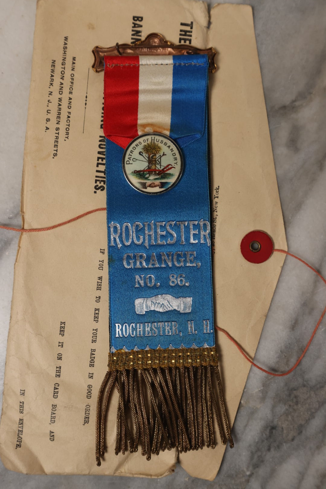 Lot 082 - Pair Of Antique Rochester Grange Lodge No. 86, Rochester, New Hampshire Ribbons, By The Whitehead & Hoag Co., Newark, New Jersey, With In Memoriam On Reverse, Flags