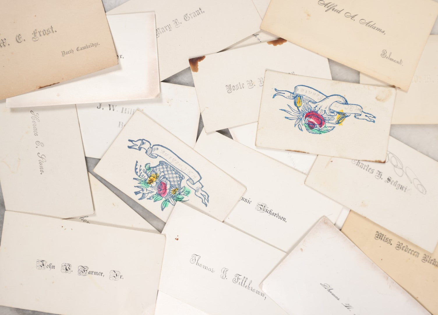 Lot 085 - Grouping Of Approximately 20 Antique Calling Cards, Mostly Just With Printed Names, Some With Color, Including Alfred A. Adams, Thomas G. Fillebrown, Josie B. Richardson, W.C. Frost, And Others