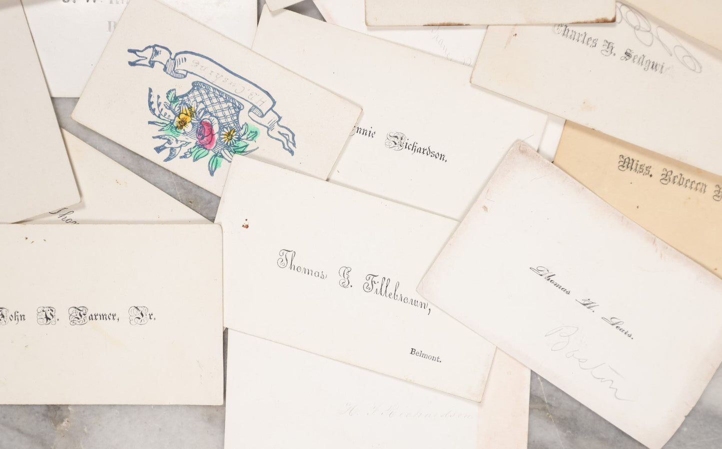 Lot 085 - Grouping Of Approximately 20 Antique Calling Cards, Mostly Just With Printed Names, Some With Color, Including Alfred A. Adams, Thomas G. Fillebrown, Josie B. Richardson, W.C. Frost, And Others