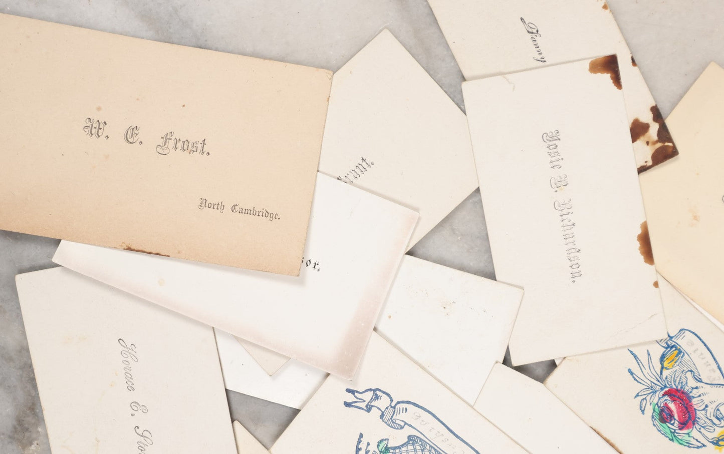 Lot 085 - Grouping Of Approximately 20 Antique Calling Cards, Mostly Just With Printed Names, Some With Color, Including Alfred A. Adams, Thomas G. Fillebrown, Josie B. Richardson, W.C. Frost, And Others