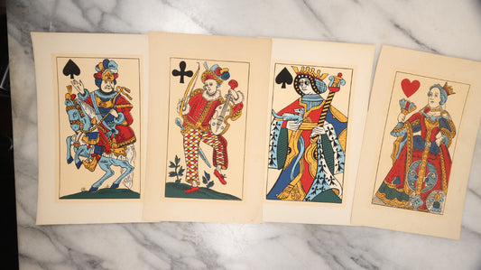 Lot 086 - Grouping Of Four Vintage Prints Of Playing Card Art, Featuring Jesters, Queens, And More, In Bright, Bold Color
