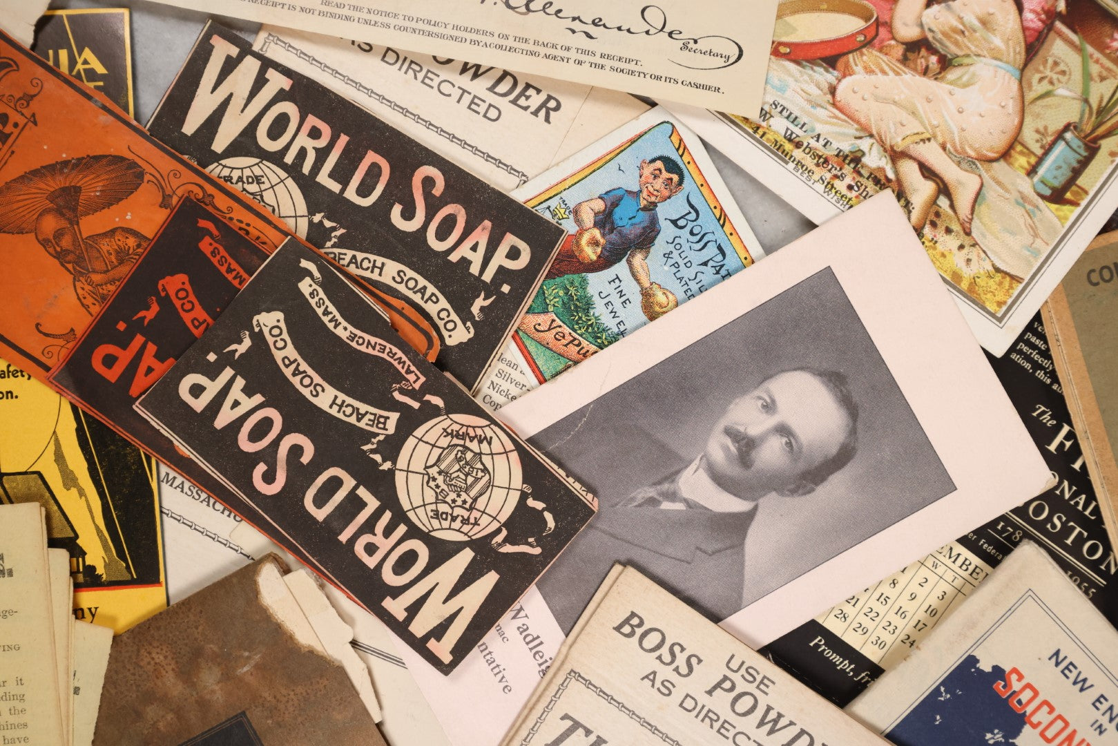 Lot 088 - Grouping Of 25+ Pieces Of Miscellaneous Antique And Vintage Advertising Including World's Soap, Socony Road Map, Boss Powder, National Despatch Freight Line, And More