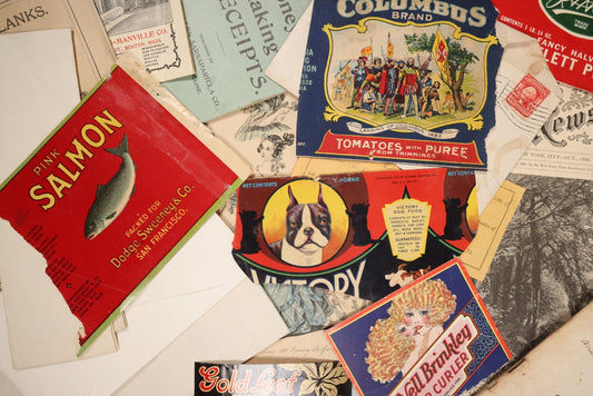 Lot 089 - Grouping Of 20+ Pieces Of Miscellaneous Antique And Vintage Advertising Including Can Labels For Victory Dog Food, Pink Salmon, Advertisement For Nell Brinley Curler, 1830s Bull Book, And More