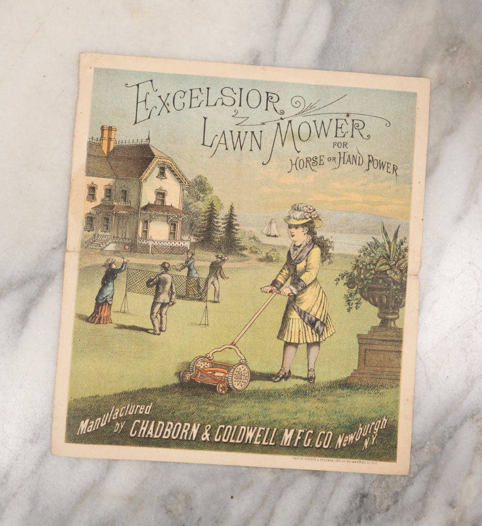 Lot 096 - Antique Excelsior Lawn Mower For Horse Or Hand Power Lithographed Advertisement, Manufactured By Chadborn And Goldewell, Mfg. Co., Newburgh, New York