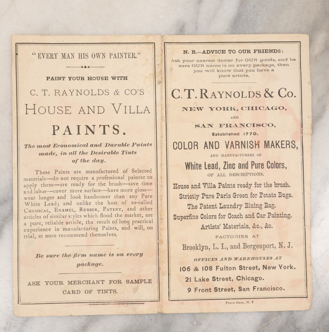 Lot 097 - Antique C.T. Reynolds & Co's House And Billa Paints Lithographer Advertisement, Color And Varnish Makers, New York, Chicago, And San Francisco