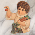 Lot 098 - Antique Die Cut Scrap Of A Little Child Holding Cherries And An Amber Bottle Labeled Lowell, Mass