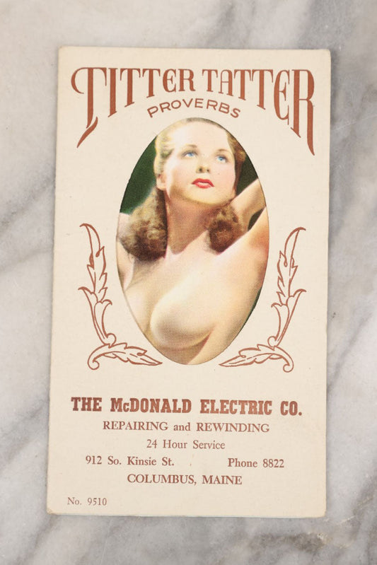 Lot 100 - Titter Tatter Proverbs Vintage Nudie Pin-Up Advertising From The Mcdonald Electric Co., Columbus Maine, Unfolds To Reveal Many Nude Women Illustrations