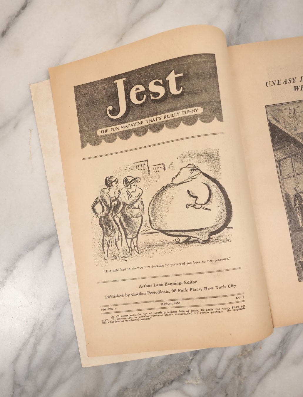 Lot 108 - Jest, A Magazine Of Social Satire, Vintage Men's Magazine, March 1933, With Scantily Clad Lady On The Front, "Hail Prosperity"