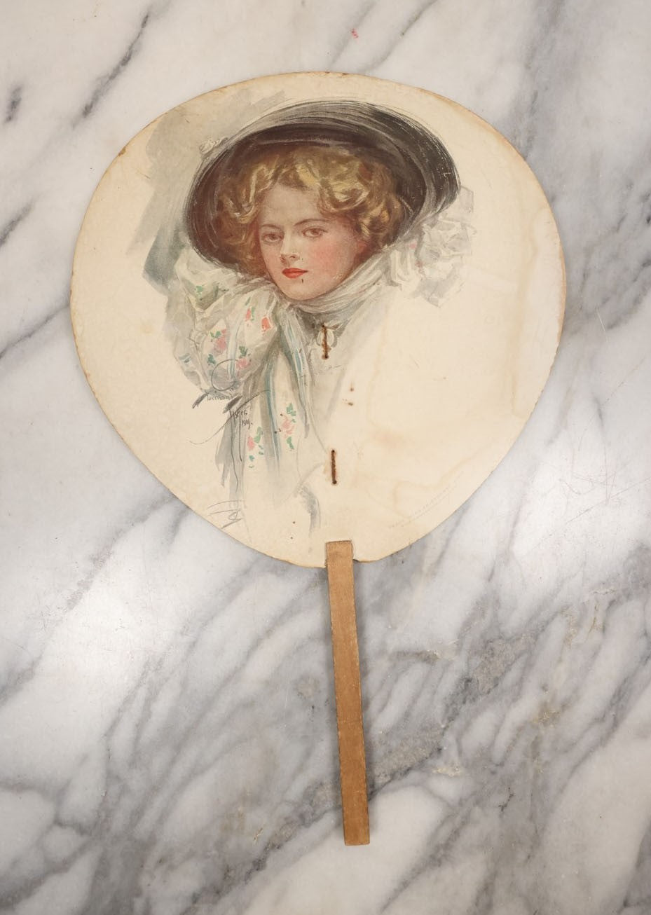 Lot 109 - Antique Advertising Fan With Gibson-Esque Girl In Hat, Scarf, Advertising The Rexall Store, Hodgdon & Shaw, Hotel Windham Building, Bellows Falls, Vermont