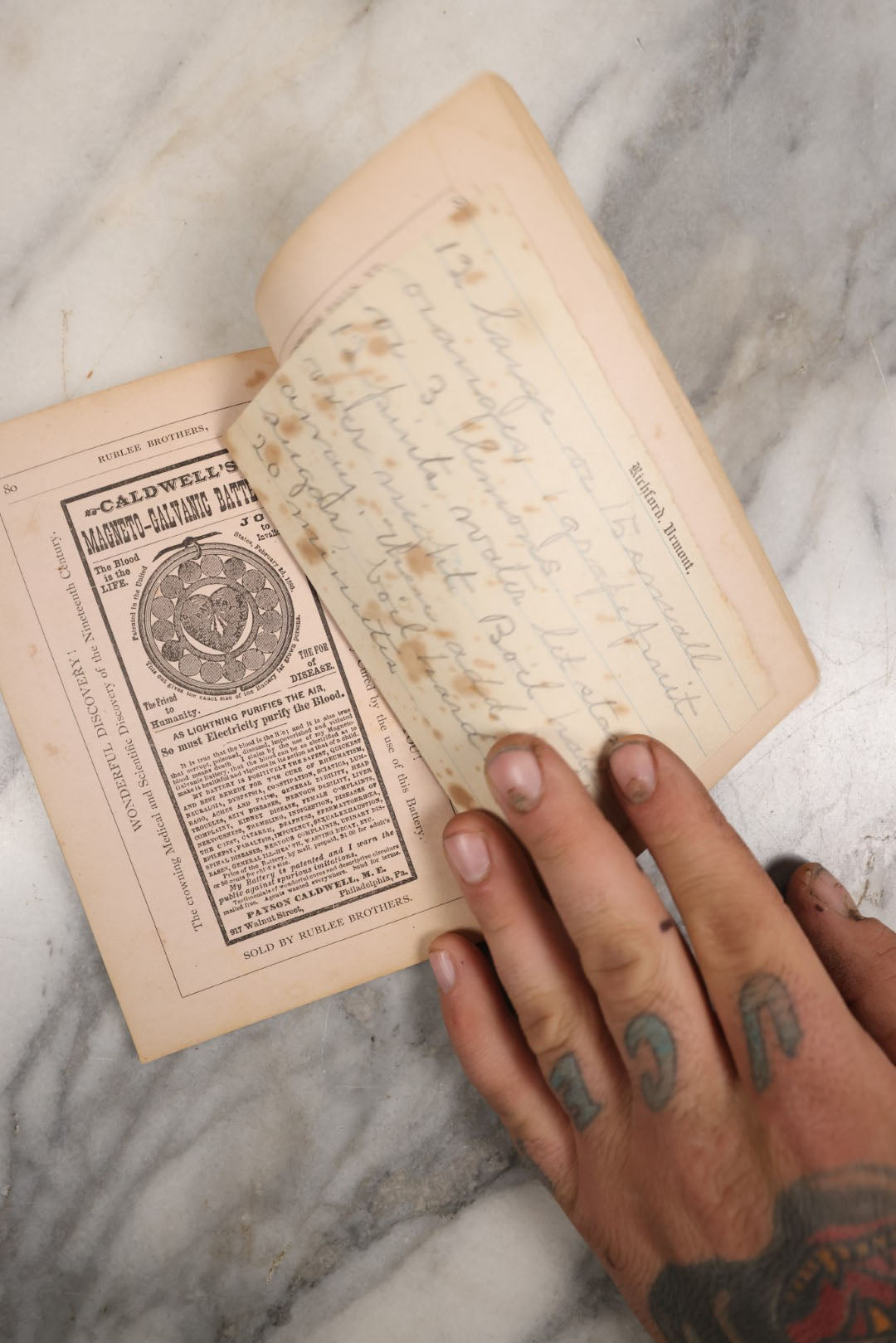 Lot 114 - Choice Family Recipes From Rublee Brothers, Druggists, Enosburg Falls, Vermont, Antique Recipe Book With Medicine Advertisements, 1880