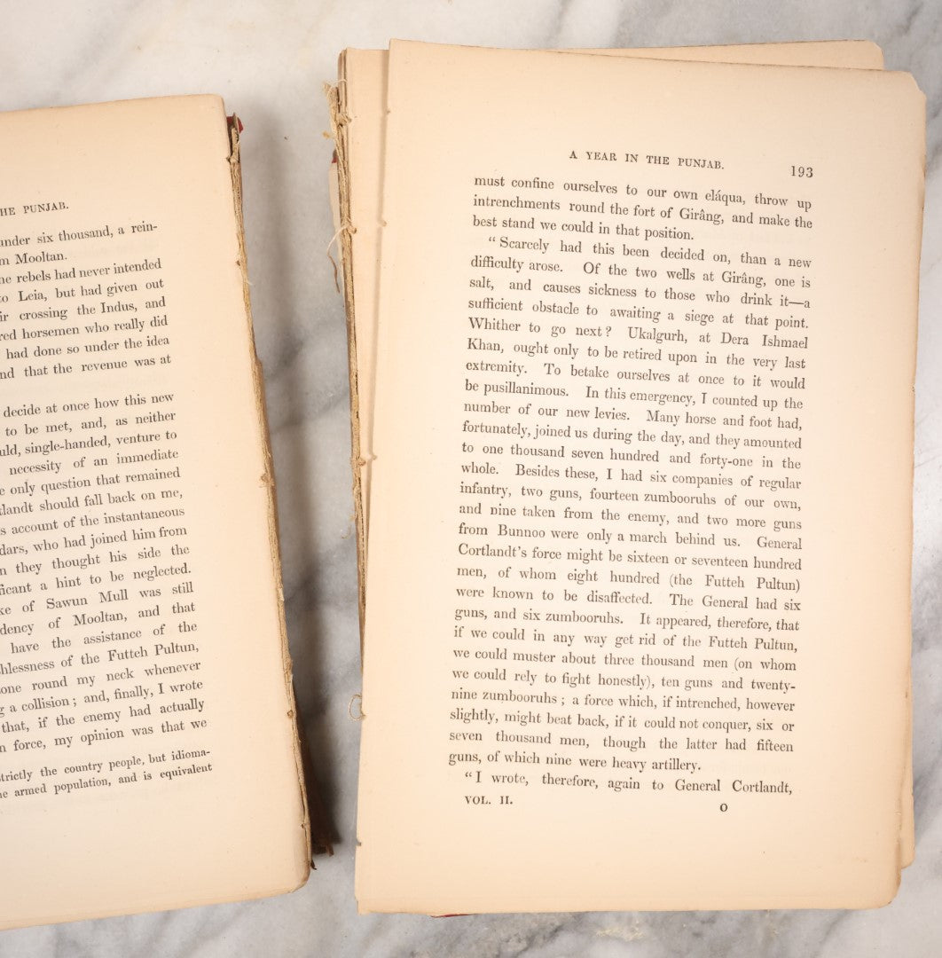 Lot 126 - "A Year On The Punjab Frontier, In 1848-49" Antique Book By Major Herbert B. Edwardes, Second Edition, Volume II, Craft Grade, Poor Condition, Binding Split