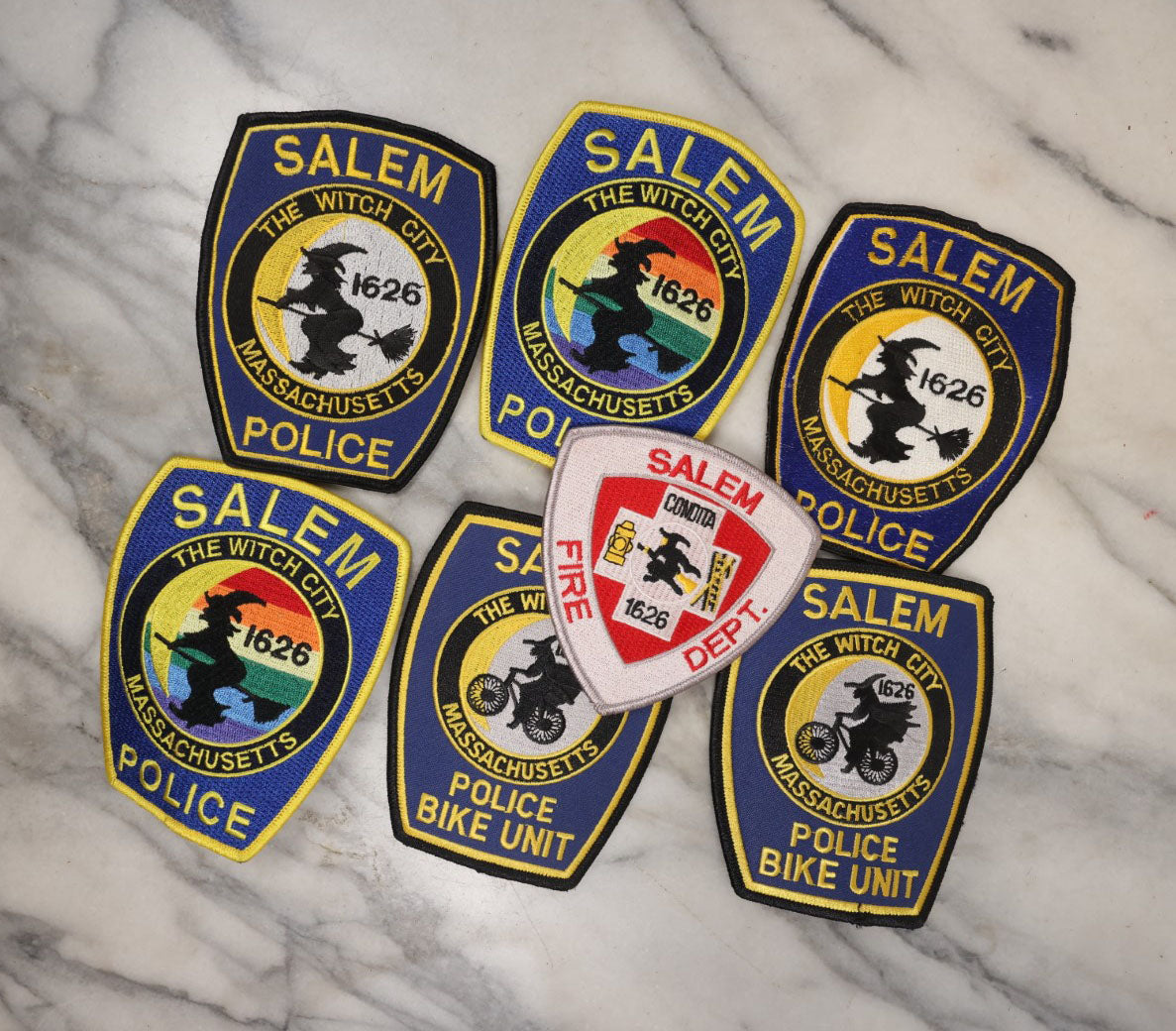Lot 135 - Grouping Of Seven Recent Modern Salem Massachusetts Police And Fire Patches, With Witch City, With Witch Graphic, Including Pride Patches, Bike Unit, And Others