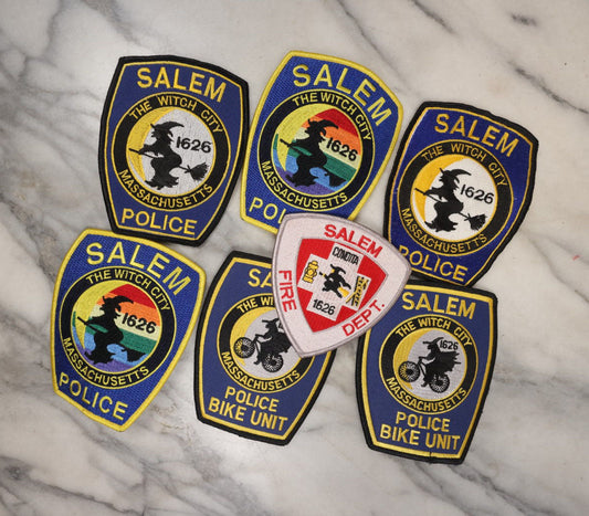 Lot 135 - Grouping Of Seven Recent Modern Salem Massachusetts Police And Fire Patches, With Witch City, With Witch Graphic, Including Pride Patches, Bike Unit, And Others