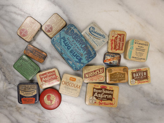Lot 136 - Junk Drawer Grouping, 15+ Vintage And Antique Medicine Tins Including Aspirin, Chocolax, Ex-Lax, Caffeine, Edgeworth Tobacco, And More