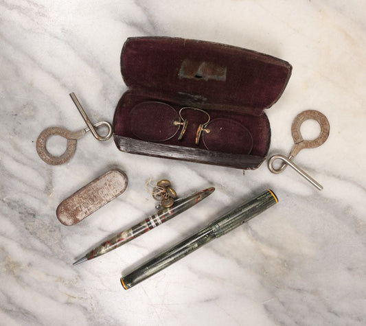 Lot 138 - Junk Drawer Grouping, 5+ Pieces Including Glasses In Case, Two Pens, And More