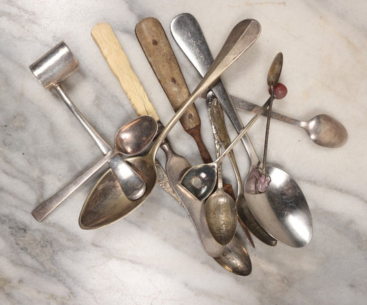 Lot 142 - Junk Drawer Grouping, 10+ Utensils, Spoons, Souvenirs, And More, Including Bone Handled Butter Knife, Etc