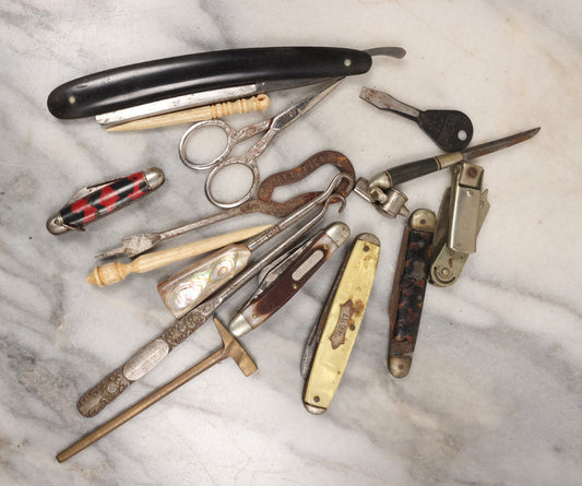 Lot 143 - Junk Drawer Grouping, 10+ Pieces Of Miscellaneous Tools, Including Pocket Knives, Straight Razor, Button Hooks, Whistle, Scissors, Etc