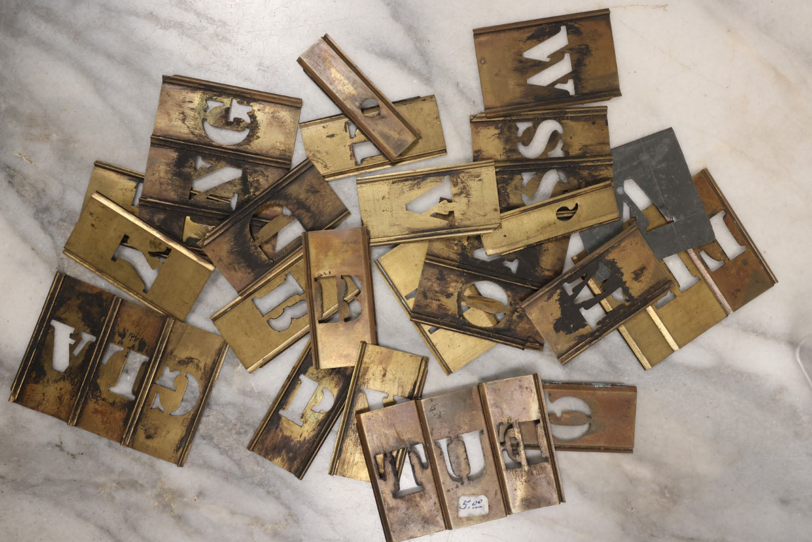 Lot 144 - Junk Drawer Grouping, 20+ Brass Letter And Number Stencils In Box, Incomplete, See Photos